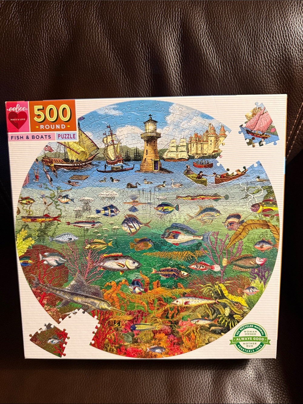 Eeboo Fish & Boats round 500 piece puzzle. Complete with poster